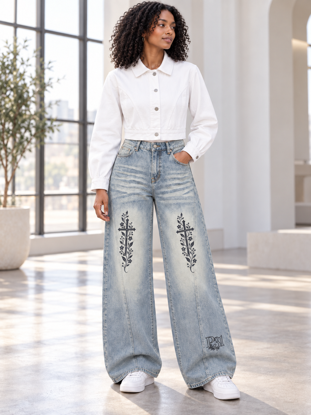 P31 Floral Cross Women’s Vintage Wash Wide Leg Denim Jeans