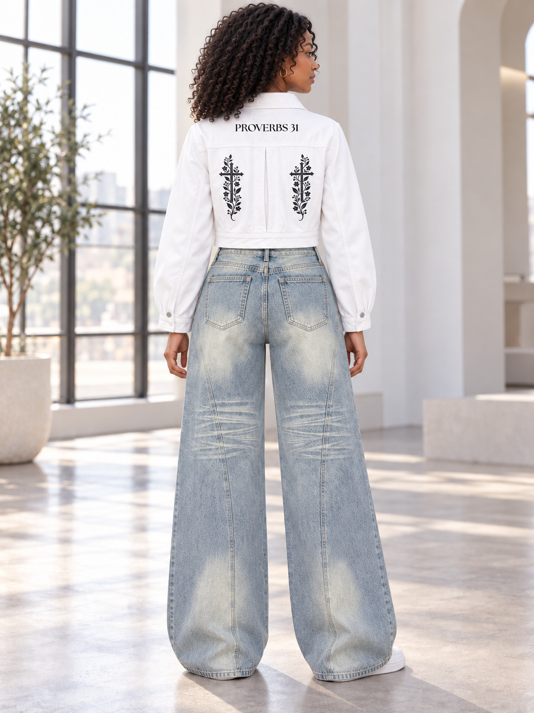 P31 Floral Cross Women’s Vintage Wash Wide Leg Denim Jeans