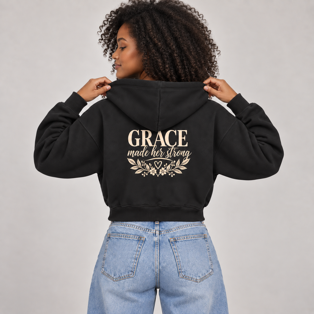 Grace Made Her Strong Fleeced Zip-Up Cropped Hoodie