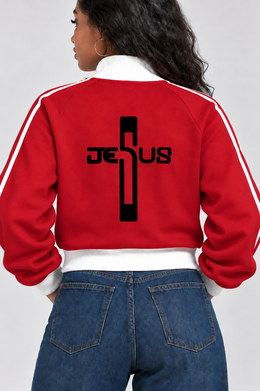 Jesus Contrast Side Stripe Fleece Cropped Track Jacket