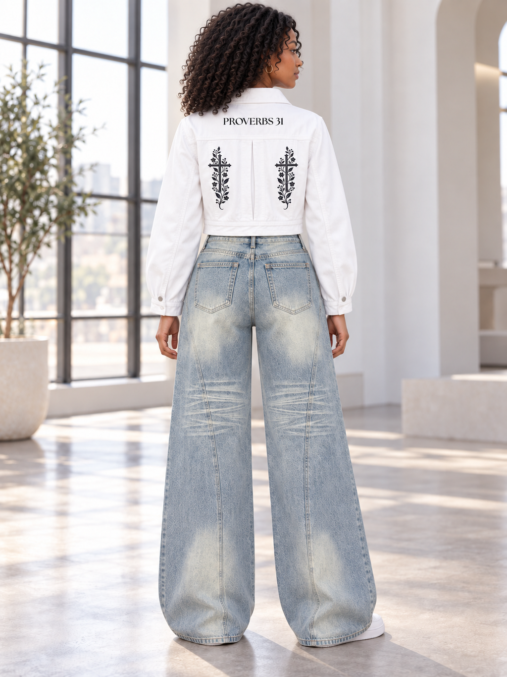 Proverbs 31 Floral Cross Women’s Cropped Denim Jacket