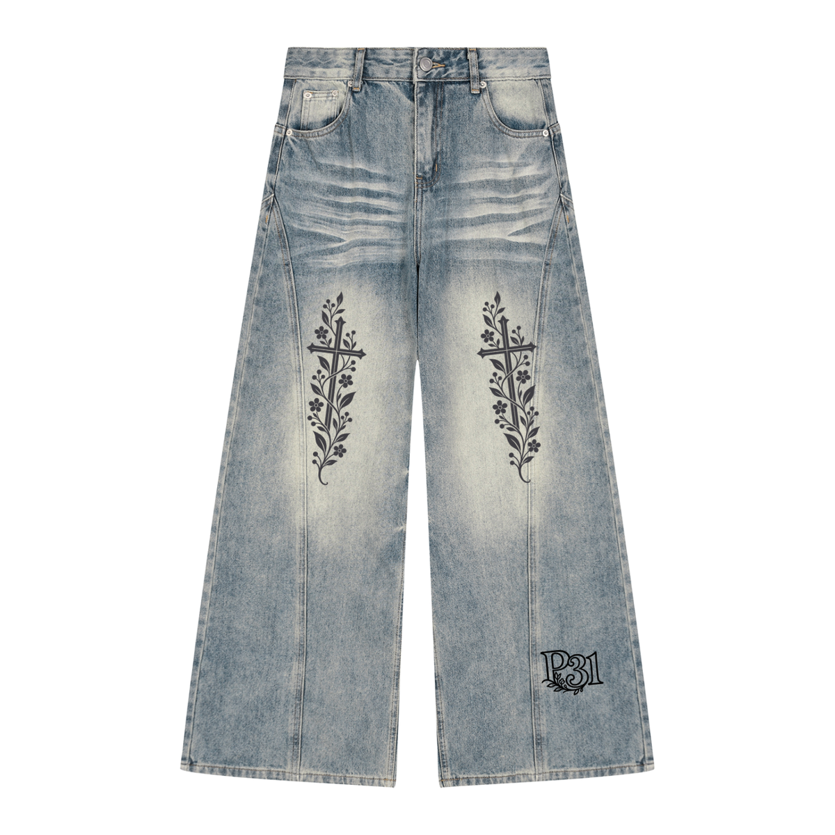 P31 Floral Cross Women’s Vintage Wash Wide Leg Denim Jeans