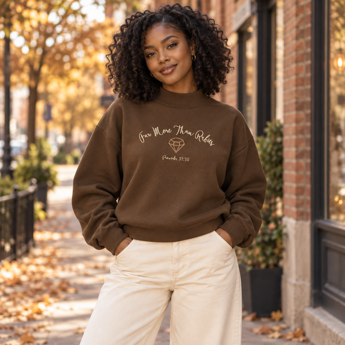 Far More Than Rubies Fleece Mock-Neck Crew Sweatshirt