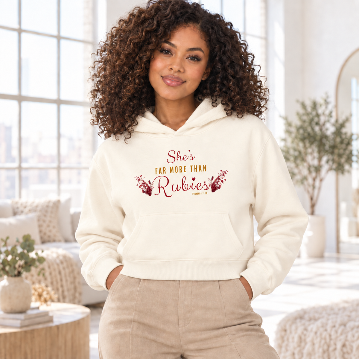 She’s Far More Than Rubies Crop Drop Shoulder Hoodie