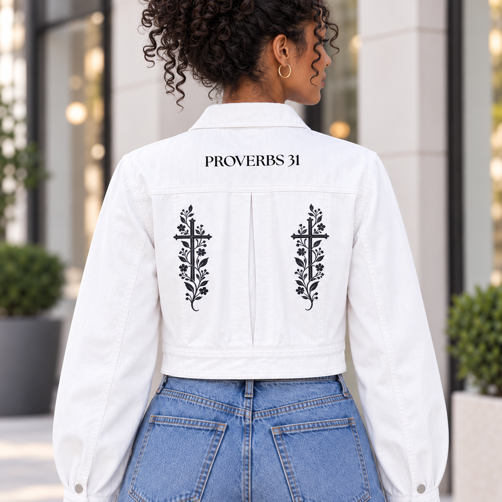 Proverbs 31 Floral Cross Women’s Cropped Denim Jacket