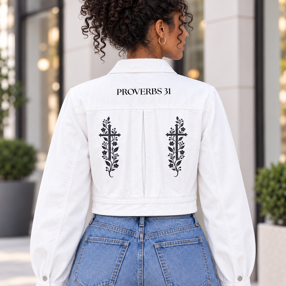 Proverbs 31 Floral Cross Women’s Cropped Denim Jacket