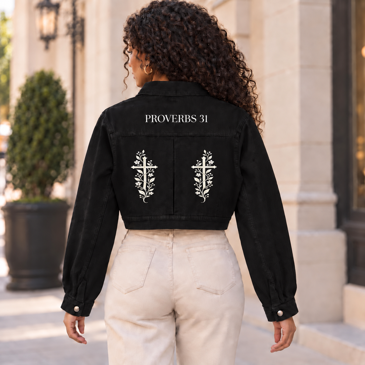 Proverbs 31 Floral Cross Women’s Crop Denim Jacket