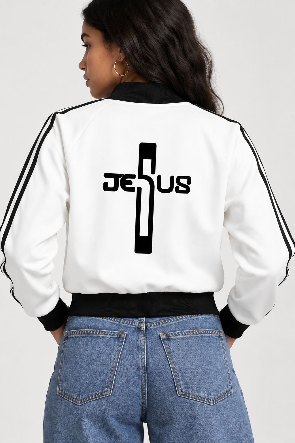 Jesus Contrast Side Stripe Fleece Cropped Track Jacket