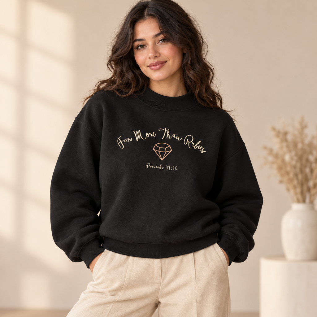 Far More Than Rubies Fleece Mock-Neck Crew Sweatshirt