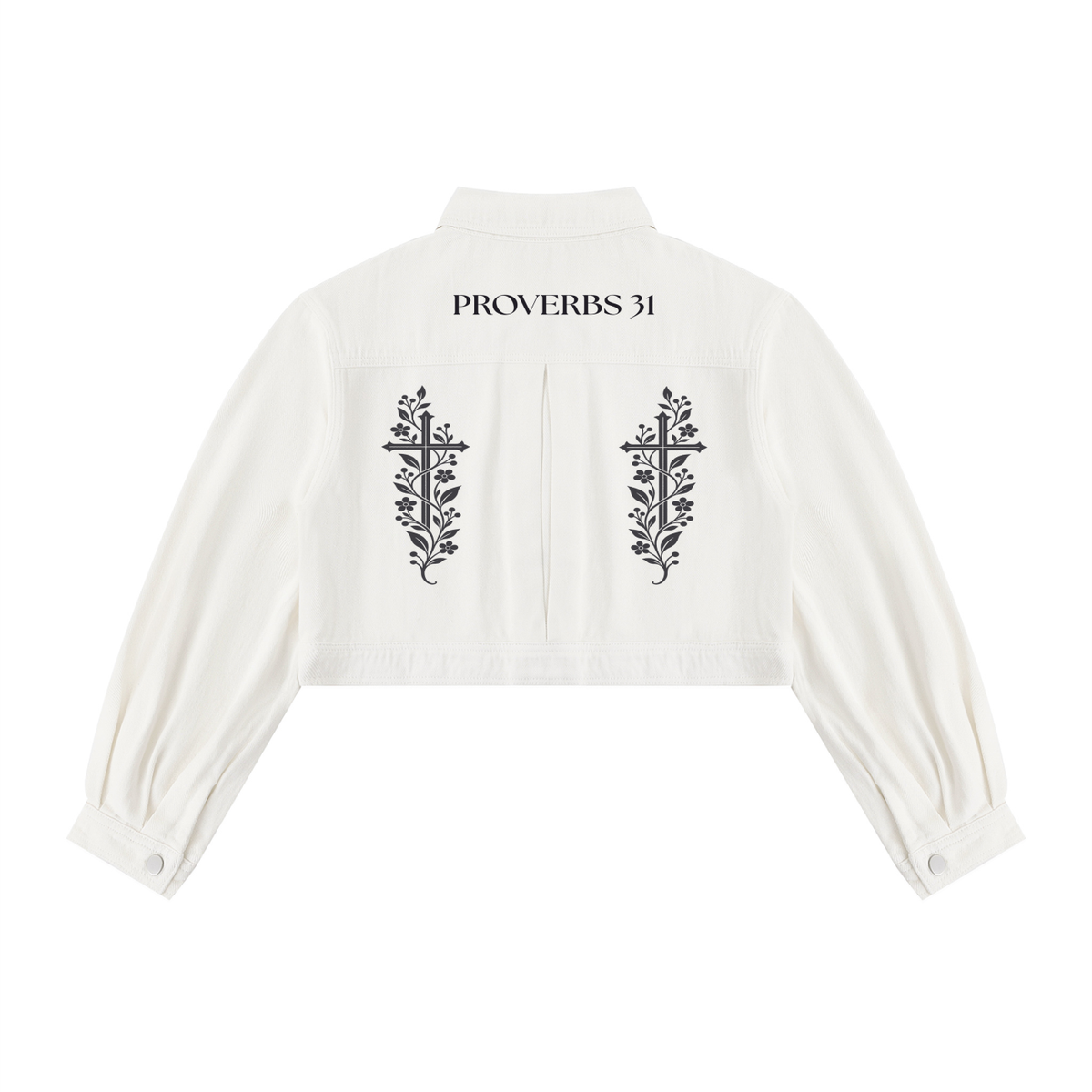 Proverbs 31 Floral Cross Women’s Cropped Denim Jacket