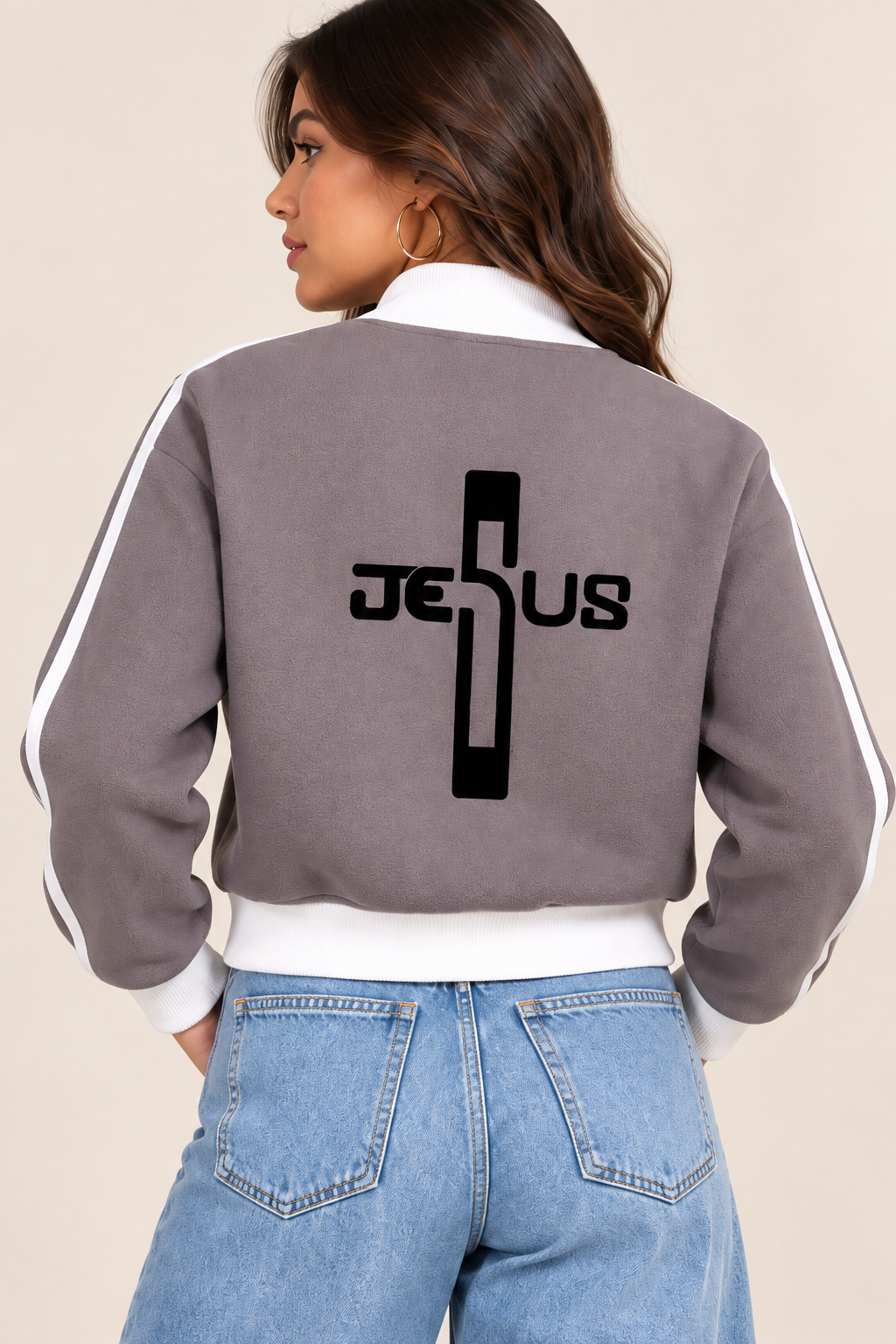 Jesus Contrast Side Stripe Fleece Cropped Track Jacket
