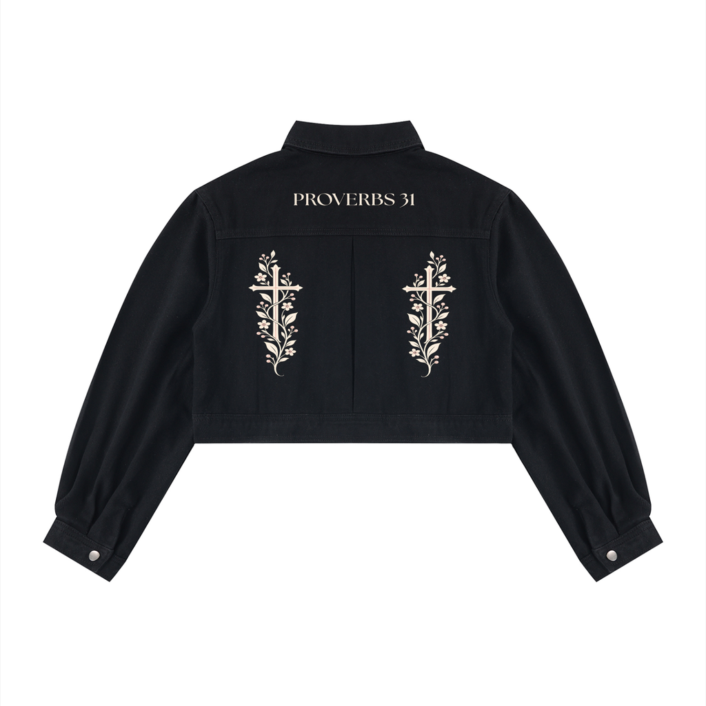 Proverbs 31 Floral Cross Women’s Crop Denim Jacket